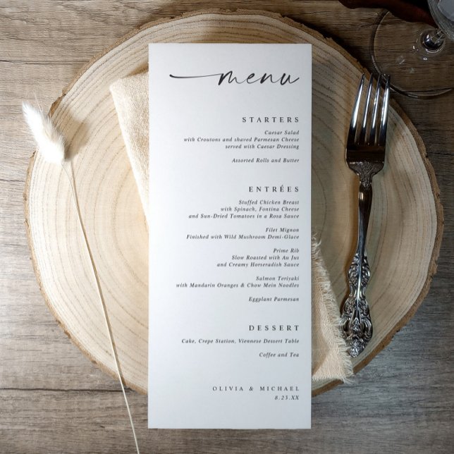 Menu för justerad Bröllop-Höger med modern minimal Meny (Black and white modern minimalist wedding menu with elegant handwritten script typography)