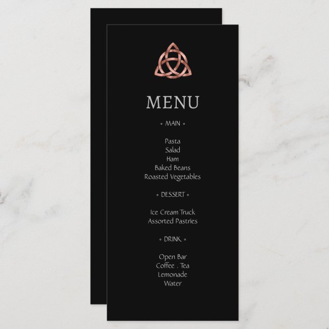Menu för Modern Black Celtic Knot Ro Guld Bröllop Meny (Fram/baksida)