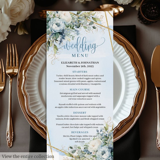 Menu för Modern Dusty Blue Greenery Guld Ram Bröll Meny (Modern Dusty Blue Greenery Gold Frame Wedding Menu)