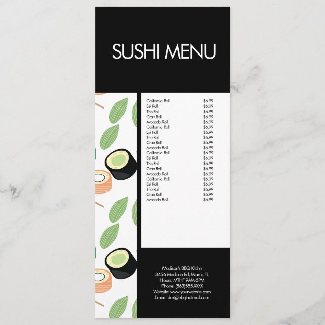 Menu för Modern Sushi Roll Asian Restaurant Mönste Meny (Framsida)