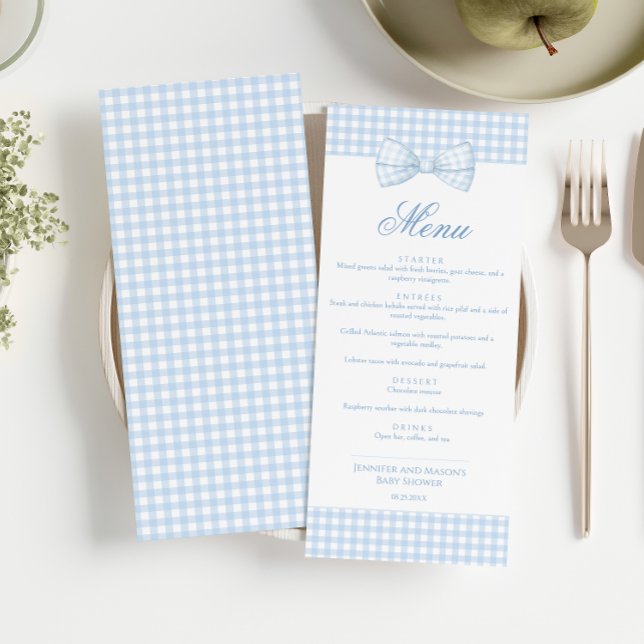 Menu för Pojke-visning av Cute Blue Gingham Bow Ti Inbjudningar (Skapare uppladdad)