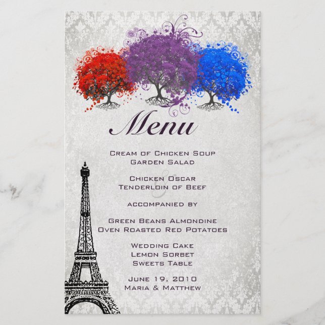 Menu för Radiant Lila Heart Löv Träd Bröllop (Framsida)