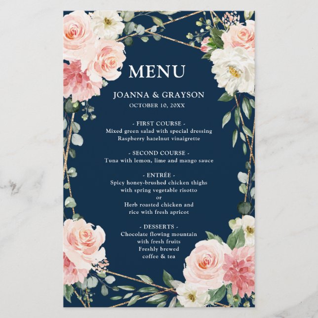 Menu för  Rosa Navy Geometric Botanical Bröllop (Framsida)