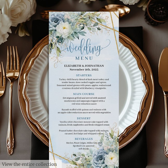 Menu för Rustic Dusty Blue Blommigt Guld Glitter B Meny (Rustic Dusty Blue Floral Gold Glitter Wedding Menu

)