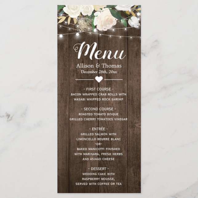 Menu för Rustic Land Blommigt String Ljus Bröllop Meny (Framsida)