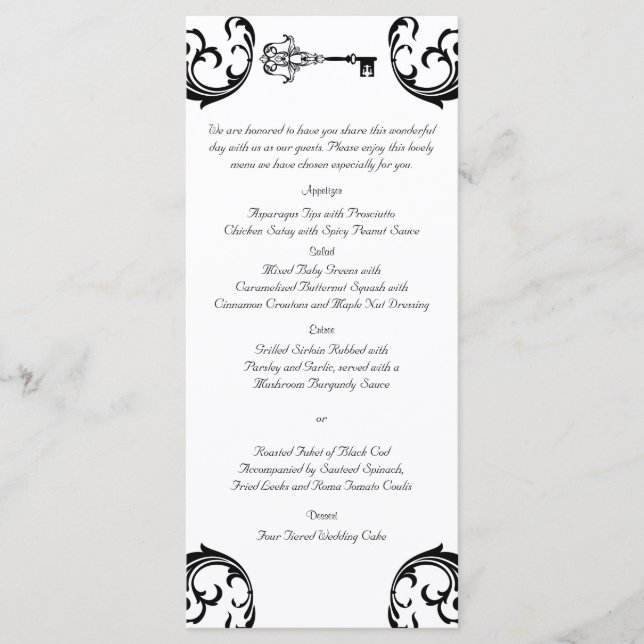 Menu för Svarta och vita Nyckel Bröllop Meny (Framsida)