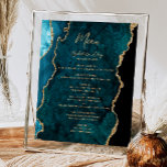 Menu för Teal Blue Guld Agate Bröllop Bord Poster<br><div class="desc">Det moderna menytecknet bröllop på den lämnat kant i eleganten har en tårblått vattenfärgsagat gräns som trimmas med faux guld glitter. Ord "Meny" visas i handskriftsskriptet guld-färgad. Anpassa den återstående texten med parets namn,  bröllop-datum och menydetaljer.</div>
