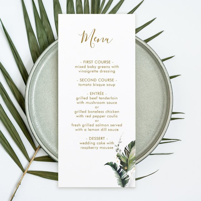 Menu för Tropiska vattenfärgen Foliage Guld Bröllo Meny (Skapare uppladdad)