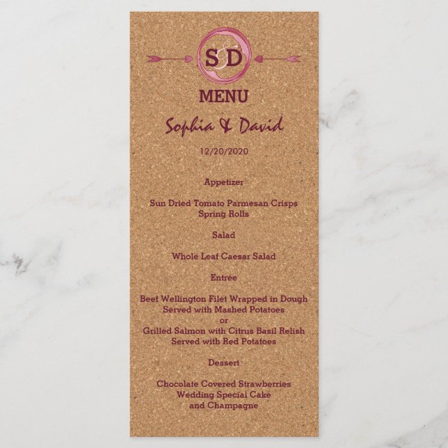 Menu för Vineyard Kork Stains Red Vin Bröllop Meny (Framsida)