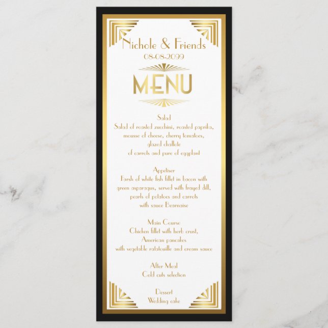 Menu Friends,Menymöte,underbar Gatsby,vit,guld Meny (Framsida)