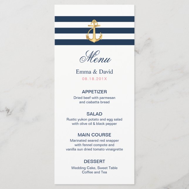 Menu guld Anchor Navy Rand Nautical Bröllop Meny (Framsida)