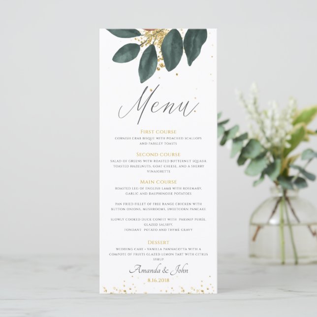 Menu guld Glitter Greenery Löv Bröllop Meny (Stående Fram)