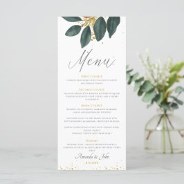 Menu guld Glitter Greenery Löv Bröllop Meny
