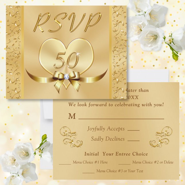 Menu Guld OSA kort för 50:e Bröllop-årsdagen (RSVP Menu Cards. Response Cards for 50th wedding anniversary. 50th anniversary RSVP Cards. Menu RSVP)