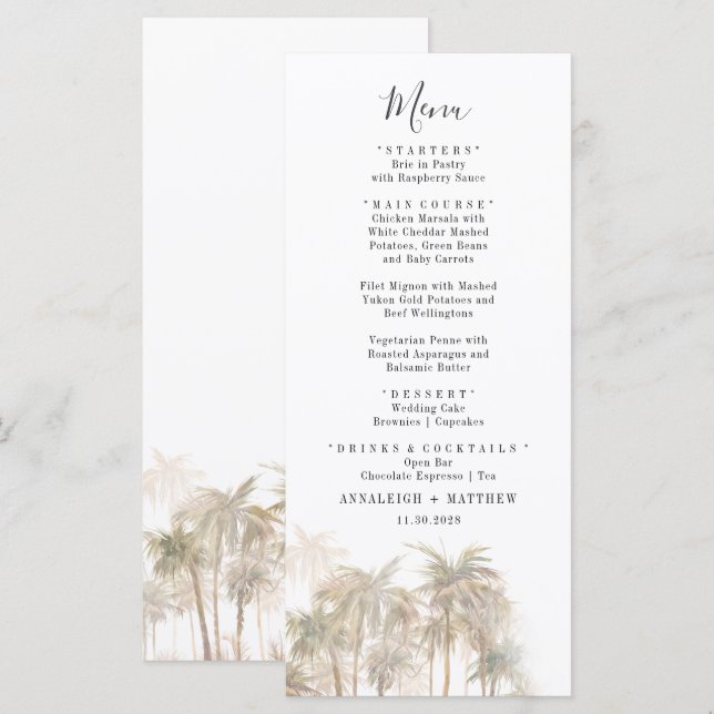Menu handflatan Träd Watercolor Coastal Bröllop Meny (Fram/baksida)