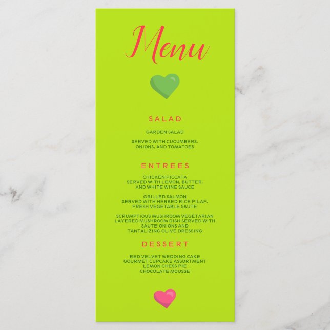 Menu Heart Bröllop Grönt Meny (Framsida)