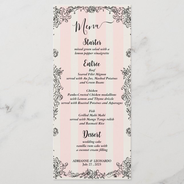 Menu i Paris Chic Ornate Rosa Rand Skript Bröllop Meny (Framsida)