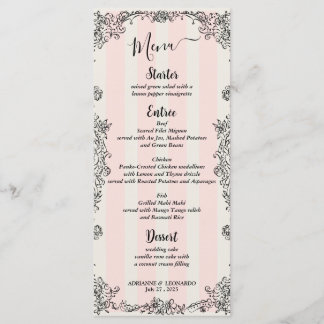 Menu i Paris Chic Ornate Rosa Rand Skript Bröllop Meny
