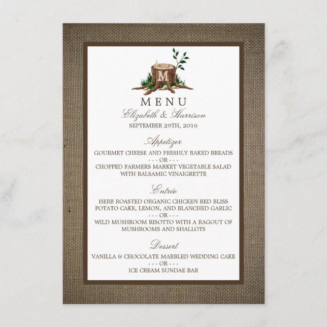 Menu land Rustic Monogram Träd & Burlap Bröllop Meny (Framsida)