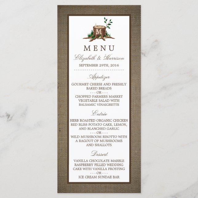 Menu land Rustic Monogram Träd & Burlap Bröllop Meny (Framsida)