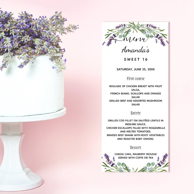 Menu lavender violet eucalyptus greenery bithday reklamkort (Skapare uppladdad)