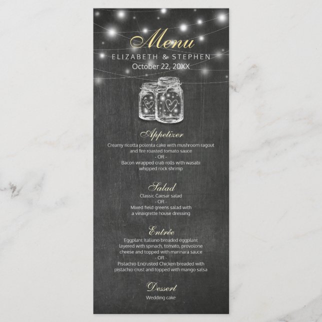 Menu Mason Burk & String Ljus Chalkboard Bröllop Meny (Framsida)