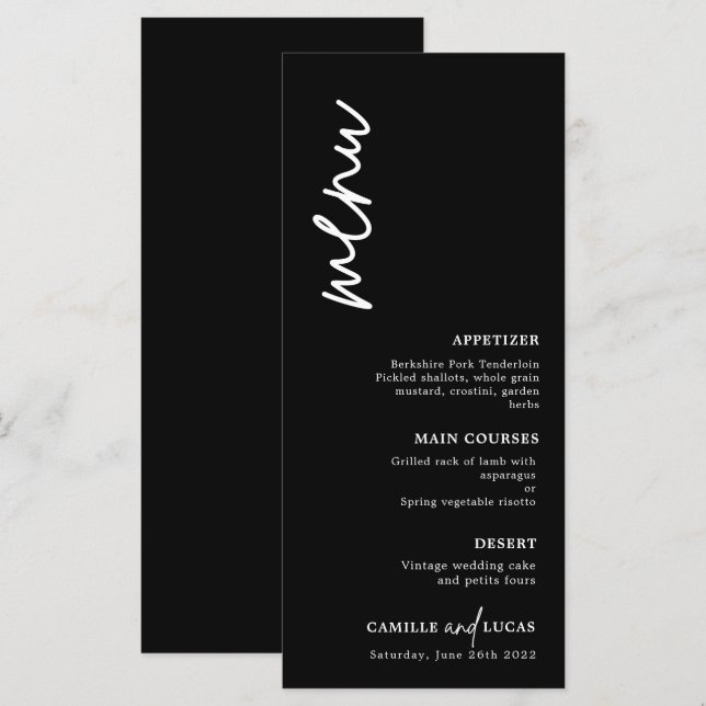 Menu med minimalistisk svart och vit Bröllop Meny (Fram/baksida)