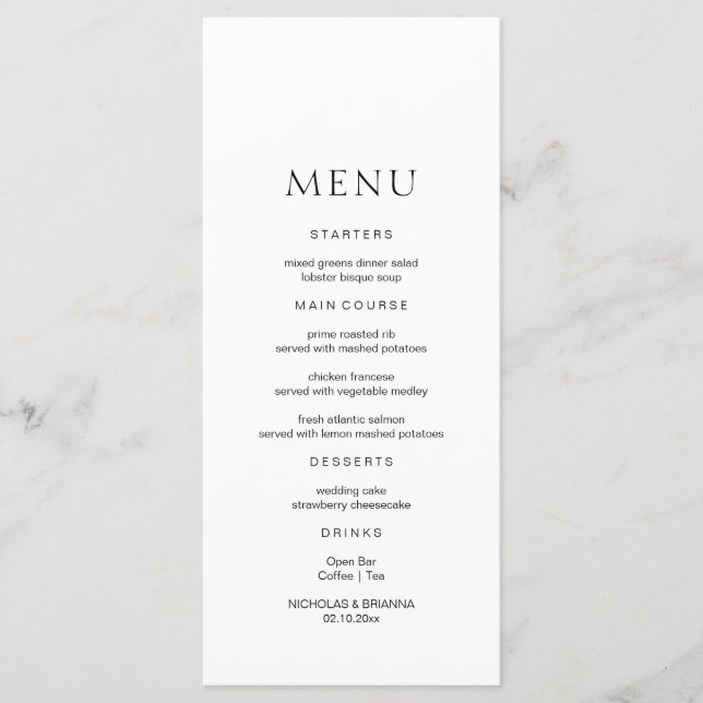 Menu med minimalistisk svart och vit Bröllop Meny (Framsida)
