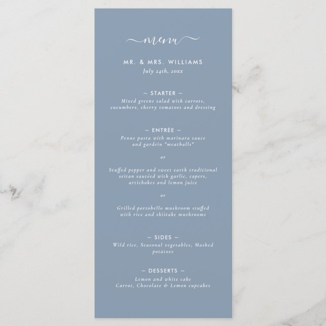 Menu med Modern Dusty Blue Minimalist Bröllop Meny (Framsida)
