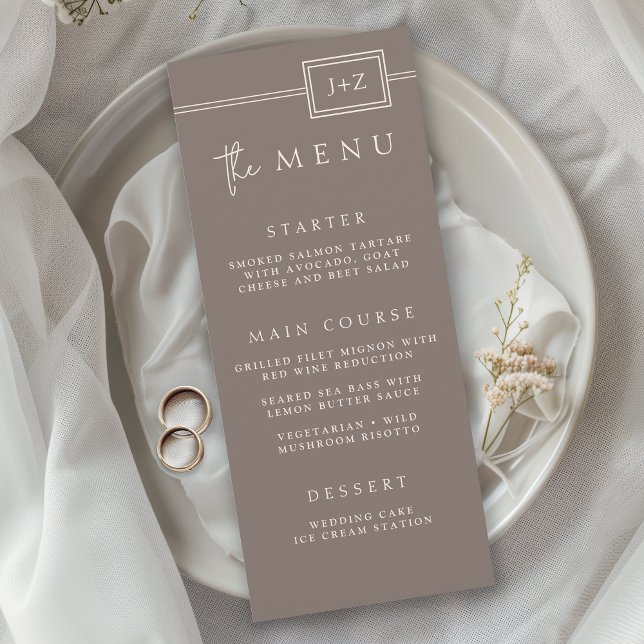 Menu med Monogram Bröllop i Modern Taupe-minimalis Meny (Skapare uppladdad)