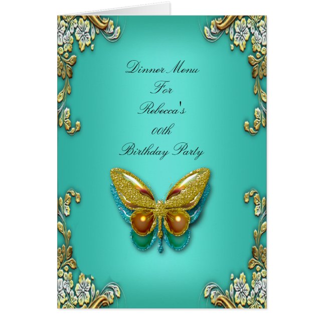 Menu Middagskort Guld Teal Blue Butterfly OBS Kort (Framsidan)