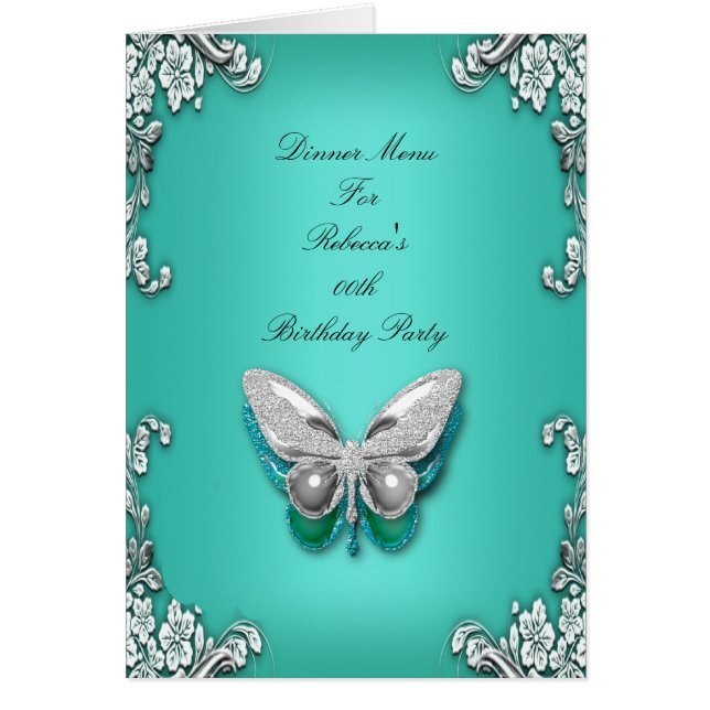 Menu Middagskort Silver Teal Blue Butterfly OBS Kort (Framsidan)