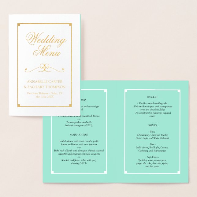 Menu Mint & Gold Foil Elegant bröllop Folierat Kort (Display)