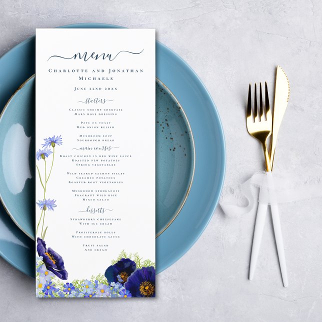 Menu Modern WildblommBlue Bröllop Meny (Elegant wildflower summer floral wedding menu with modern typography script)