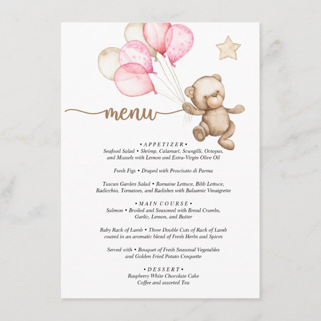 Menu Nalle Baby Bear Baby Shower Tilläggskort (Framsida)