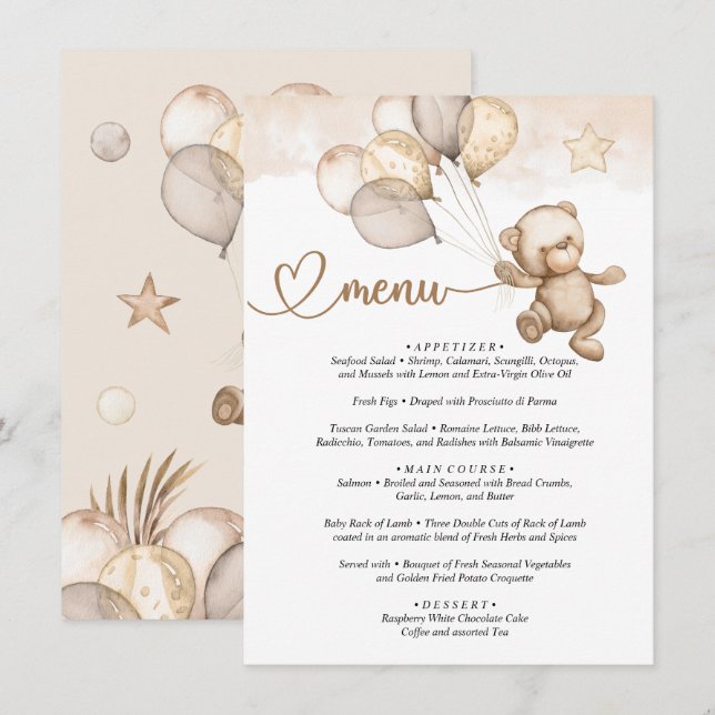 Menu Nalle Baby Bear Baby Shower Tilläggskort (Fram/baksida)