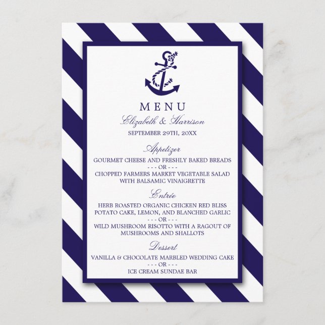 Menu Nautical Rand & Navy Blue Anchor Bröllop Meny (Framsida)