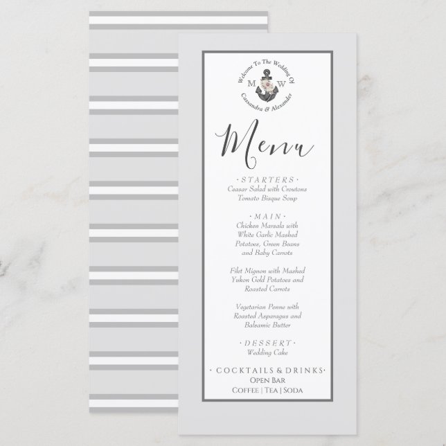 Menu Nautisk Blommigt Anchor Silver Grått Meny (Fram/baksida)