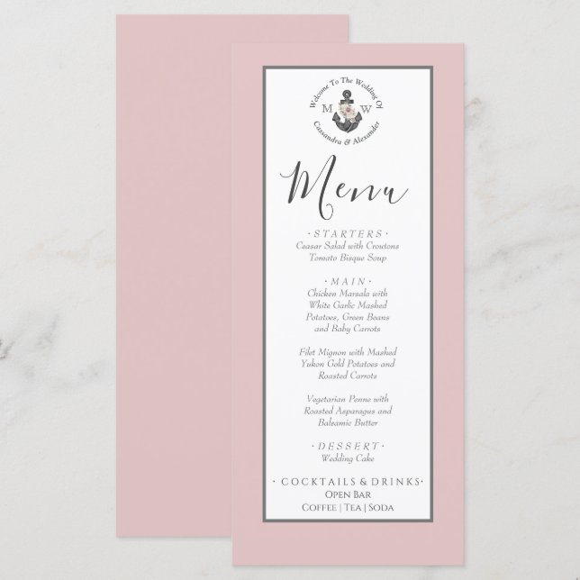 Menu Nautisk-Thned Blommigt Anchor Dusty Ro Rosa Meny (Fram/baksida)