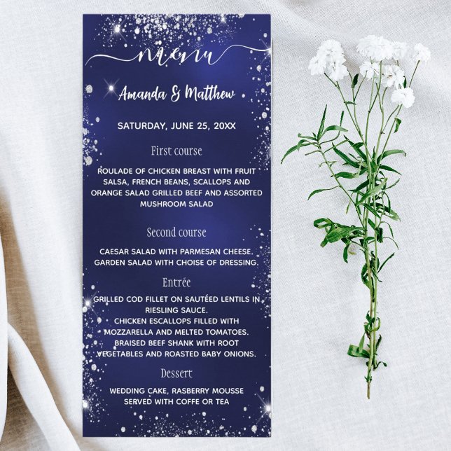 Menu navy blue white glitter bröllop reklamkort (Skapare uppladdad)