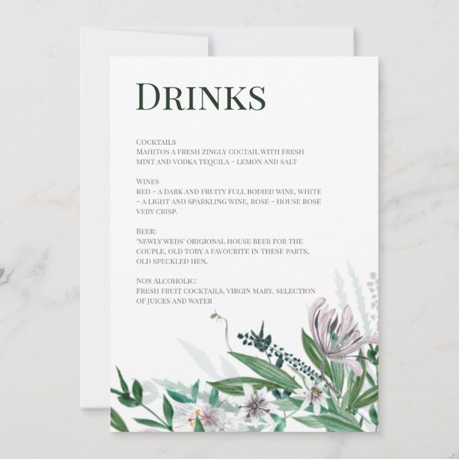 Menu Poets Garden, Vild Bouquet Inbjudningar (Baksida)