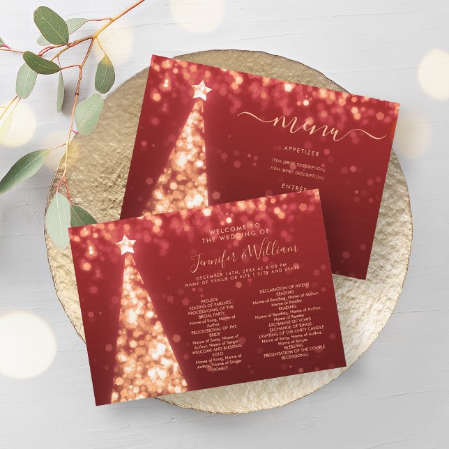 Menu-programmet Festive Julafton Guld Red Bröllop  Inbjudningar (Festive Xmas Tree Gold Red Wedding Menu Program)