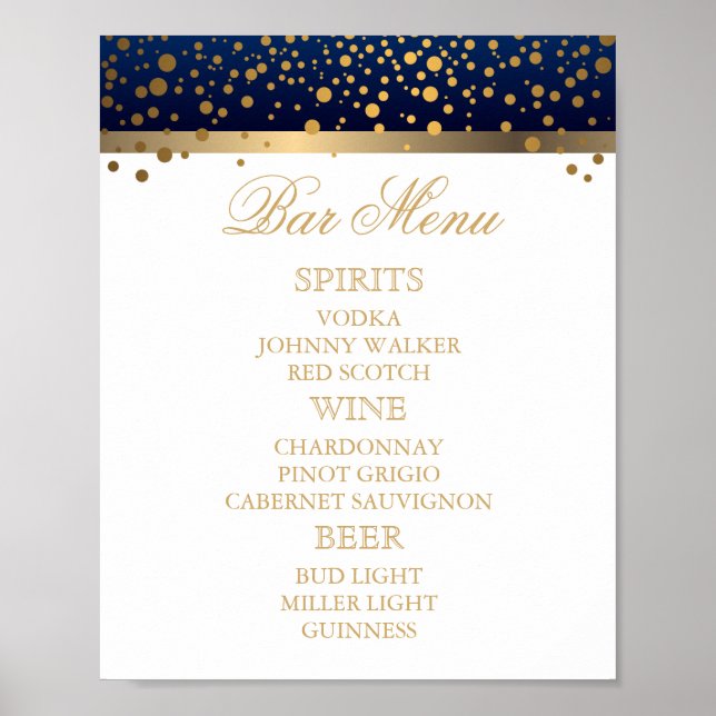 Menu pub - vit och marin blå med Guld-konfetti Poster (Framsidan)