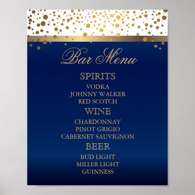 Menu pub - vit och marin blå med Guld-konfetti Poster (Framsidan)