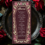 Menu ro Guld Gothic Coffin Ro Red Bröllop Meny<br><div class="desc">Lägg till en gnutta god elegans till festen med dessa bröllop-menyer med en kaffeformad ram, försedd med bröstkorg, rosor och ro guld mot rikens röda bakgrund. Perfekt för en skrämmande romantisk matupplevelse! Anpassa texten, teckensnittet och bakgrunden färg till kostym till designinställningarna. Matcha artiklar i vår butik för ett helt tema...</div>