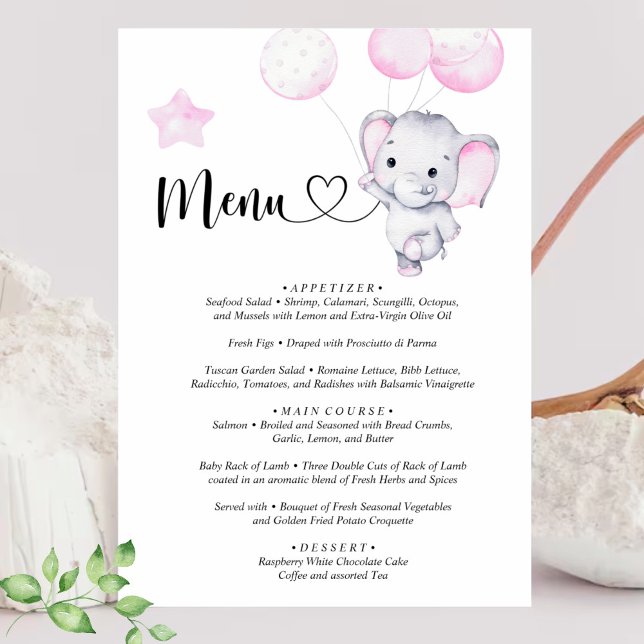 Menu Rosa Elephant Watercolor Baby Shower Tilläggskort (Skapare uppladdad)