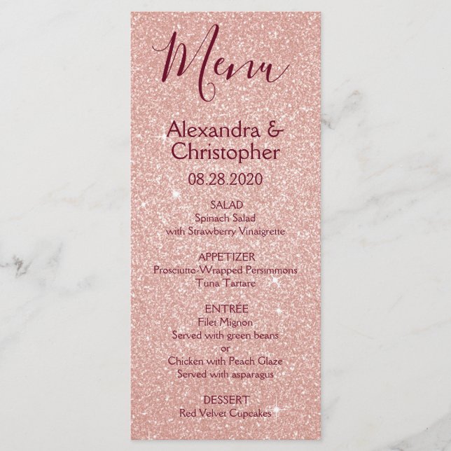 Menu rosa ros Guld Burgundy Glitter Bröllop Meny (Framsida)