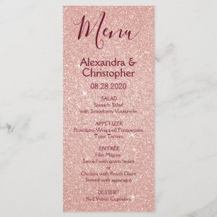 Menu rosa ros Guld Burgundy Glitter Bröllop Meny
