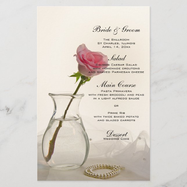 Menu rosa ros och White Pearls Bröllop (Framsida)