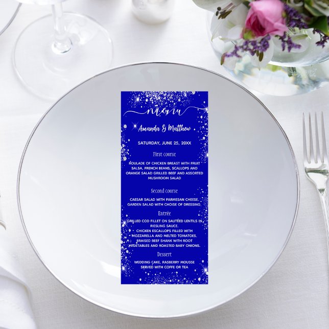 Menu royal blue silver glitter bröllop reklamkort (Skapare uppladdad)